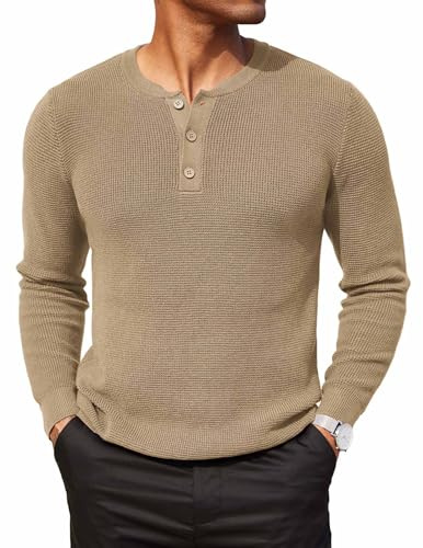 COOFANDY Maglione Henley da Uomo, Maglione a Maglia Invernale con Bottoni, Maglione a Maglia Grossa, Maglione a Righe, cachi, S