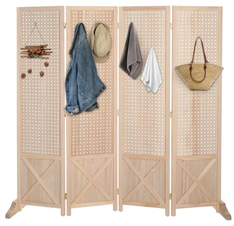 VINGLI Freestanding Pegboard with Support Feet, 5 FT Wood Room Divider Display Board Organizer, Folding Privacy Screen Partition Space Separator for Craft Shows Events Retail (Natural, 4 Panel)