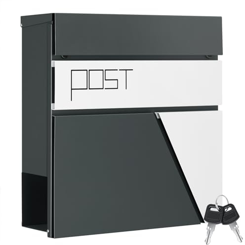 WOLTU Cassetta Postale da Esterno, Cassetta delle Lettere da Muro, con Coperchio a Ribalta, 2 Chiavi e Serratura, Scomparto Aperto per Giornali, Antracite+Bianco, 37x10,5x37cm,