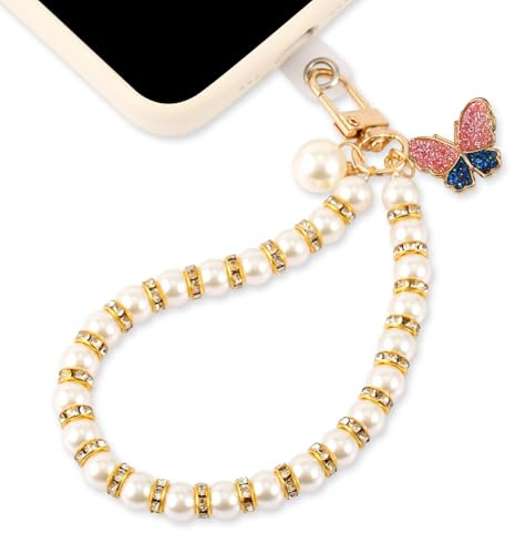 Pearl Phone Charms Rem, Mobiltelefon Charm Pearl Phone Lanyard Beaded Phone Armband Phone Wristlet Beaded Mobiltelefonhänge med Telefonlapp för Smartphone Flickor Present (Fjärilsstil)