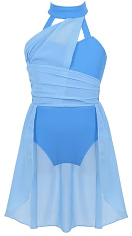 Riismen Kids Girls Ballet Lyrical Dance Dress Halter Cutout Back Leotard Chiffon Tailskirts Dancewear Light Blue 15-16 Years