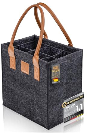 GOLDFALKE Flaschenträger für 6 Flaschen 1,5l EXTRA STABIL aus Filz – Flaschenkorb, Flaschentasche, Getränkekorb für Bier, Wein & Pfandflaschen – Flaschenaufbewahrung & Getränketräger (6 Fächer grau)