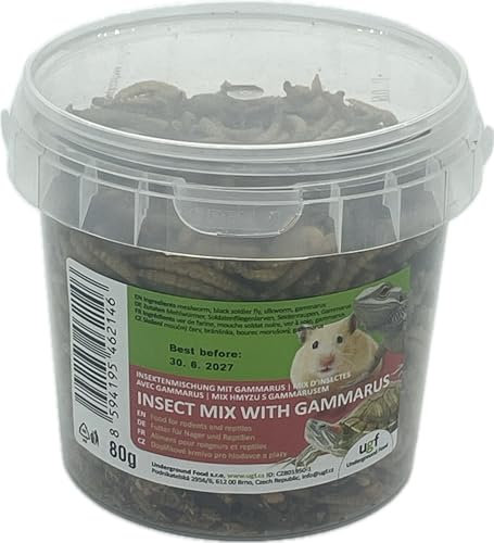 UGF - Insektenmischung mit Gammarus, 500ml = 80g, Igelfutter, Rennmausfutter, Hamsterfutter, Rattenfutter, Eidechsenfutter - Mehlwürmer, Soldatenfliegenlarven, Seidenraupen, Gammarus