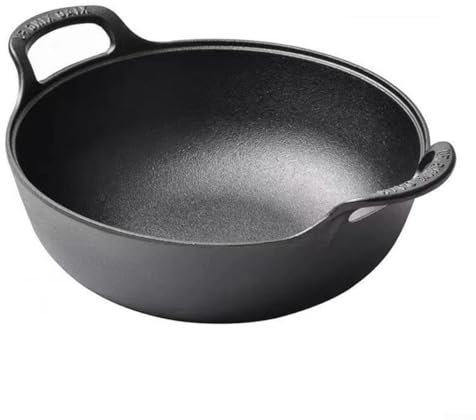 Wok in ghisa, padella antiaderente con coperchio in legno, fondo piatto a doppia maniglia per stufe elettriche a gas a induzione (B)