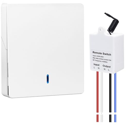 QIACHIP RF 433 MHz Interruptor inalámbrico - Transmisor de pared + receptor de relé 10 A, alcance 25 m, 1500 W máx. compatible con lámparas LED/CFL