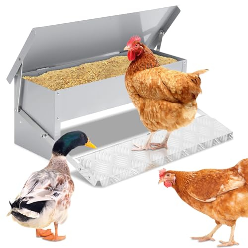 Peviasot Futterautomat, Futtertrog mit Automatisches Pedal und Wasserfest Decke, Hühnerfutter für Geflügel，1X Hühnerfutterautomat, 5KG Automatischer Futterautomat mit Mäuseschutz, Verzinkt