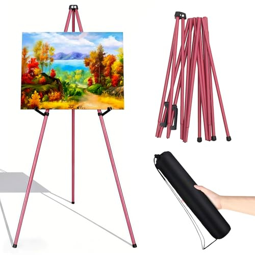 Portable Collapsible Easel Stand for Display, Adjustable Height Art Easels, Collapsible Tripod Easel with Carrying Bag, Stable & Sturdy Metal Display Stand for Display Show,Painting,Wedding etc (Red)