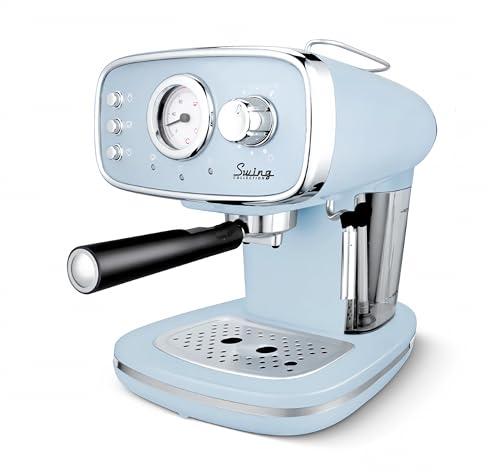 EMPOTEC Macchina Caffè Espresso Vintage Retrò 2in1 Cialde/Macinato 1 o 2 Tazze Funzione Cappuccino Montalatte Ripiano Scaldatazze Autospegnimento 15Bar Vassoio Antigoccia Serbatoio 1,2Lt 1100W (Blu)