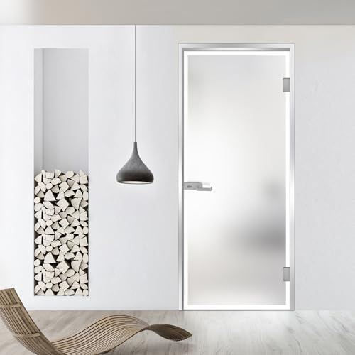 Porta in vetro per interni Studio Silver con cerniera e telaio a Z, modello telaio, vetro di sicurezza temperato satinato da 8 mm, decorazione bianca, adatta per apertura 80 x 198 cm