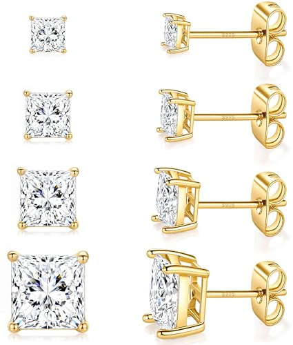 Roheafer 4 Paires Boucles d‘Oreilles Argent 925 pour Femme Homme | Hypoallergénique Plaqué Or 18K Boucles d‘Oreilles Zircone Brillant CZ Clous d’Oreilles pour Peaux Sensibles Coffret Cadeau
