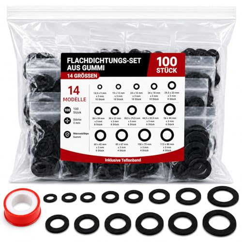 Kit Universal 100 Juntas Planas de Goma 3 mm, Arandelas de Estanqueidad Surtidas para Grifos, Mangueras, Bombas de Agua y Fontanería Doméstica