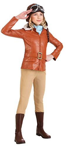 Fun Costumes Youth Deluxe Amelia Earhart Costume, Girls Historical Pilot Iconic Outfit with Jacket, Pants, Hat, Goggles, Scarf - Small - Brown