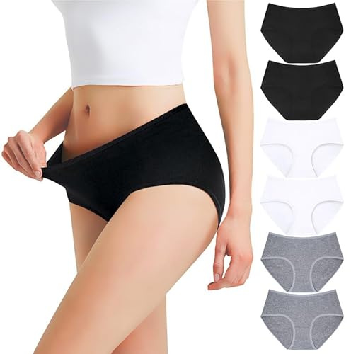 Falechay Slip Donna Mutande Cotone a Vita Media Culotte Nero Bianca Grigio-L Pacco da 6