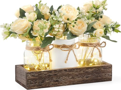 Mkono Mason Jar Lights Centerpiece Table Decor for Dining Room Farmhouse Wood Tray with 3 Jars Flowers Valentines Day Decoration for Coffee Table Kitchen Living Room Wedding