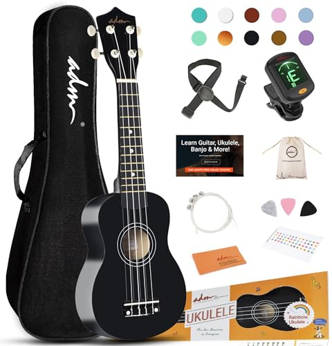 ADM Ukulele for Beginners Hawaiian Wood Ukelele Kit for Kids Adult Student Starter Professional Ukalelee Pack Bundle with Free Lessons Gig Bag Strap Nylon String Tuner (Black, 21 Inch)
