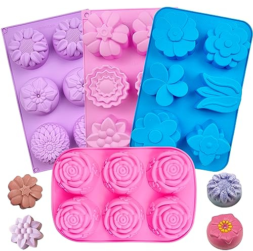 Silikonform Seife, 4pcs Seifenformen Silikon, 6 Mulden Silikonform Blumen, Wiederverwendbar Silikonformen Seife, Seifenformen für Kunsthandwerk, Handgemachte Seifenherstellung (Farbe Zufällig)