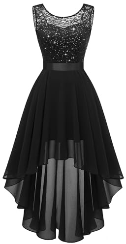 Berylove Women's Vokuhila Cocktail Dress, Evening Dresses, Elegant for Wedding, Party Dresses, Sleeveless, Bridesmaid Dress, Glitter black, S