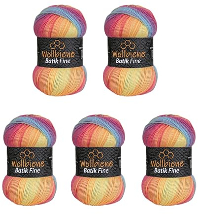 5 x 100g Wollbiene Batik Fine 500 Gramm Wolle mit Farbverlauf mehrfarbig Multicolor Strickwolle Häkelwolle (5040 regenbogen pastell)