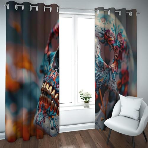 Deertweet Home Retro Vorhänge Halloween Dekor Schädel Skelett Muster Fenster Vorhänge Kreative Blumen Verdunkelungsvorhänge für Schlafzimmer Wohnzimmer 2 Paneele H138xB132