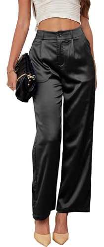 Fakanhui Pantalone a zampa larga da donna, per lavoro, feste, matrimoni, tempo libero, raso, uscire, pantaloni, Nero , M (corto)