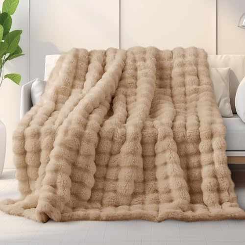 Miyacare Kuscheldecke 160x200 cm, Kaninchen Plüsch Decke, Super Soft Wohndecke Dick 1000GSM Couchdecke Warme Überwurfdecke Sofadecke für Sofa Schlafzimmer Büro (Beige-Taupe, W160 x L200CM)