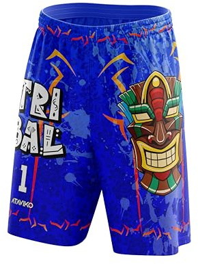 Ataviko Pantaloncino Tribal Tiki Beach Volley Mare, Gym Palestra, Passeggio, Gioco e Tempo Libero, Sport Estivi (IT, Testo, L, Regular, Regular, Azzurro)