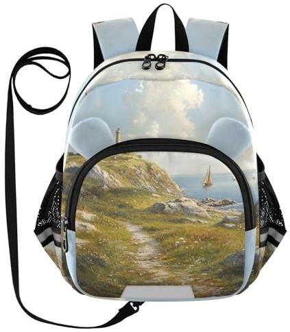 Coastal Lighthouse Sailboat Island Toddler Harness Backpack for Boys Girls 3-6 Years Kids Backpack with Anti Lost Safety Leash Baby Travel Bag for Travel Walking Preschool