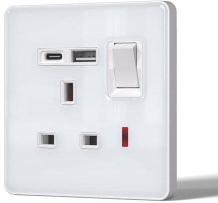 BSEED Plug Socket with 20 W USB-C Fast Charging,Switched Wall Plug,Indicator Light,Glass Panel,UK Standard Electric Power,1 Gang with 20W USB A+C,86mm White