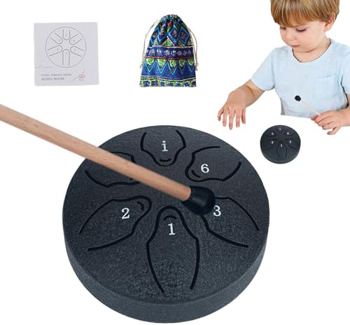 Tamburo da pioggia per esterni, tamburi linguistici per adulti, tamburo etereo a chiave A da 3 pollici a 6 note | Strumento a percussione Handpan con mazze, libro musicale per Yoga, con