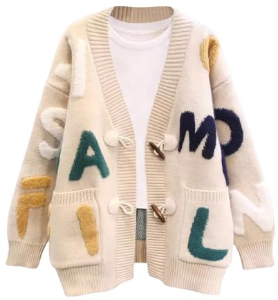 Suncadmious Donna Primavera/Autunno Moda Carino Lettera Ricamata Maglia Cardigan Bottone Corno V-collo Oversize Maglione a Maglia Sciolto (Albicocca,Taglia unica)