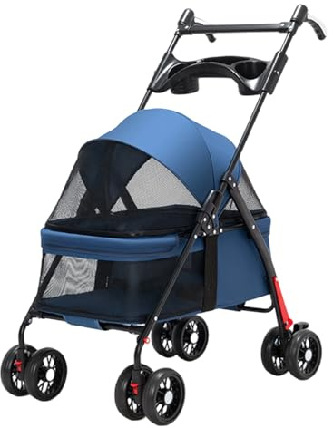 Lightweight Pet Travel Stroller, Foldable Dog Cat Pushchair Dog Pram Buggy with Rain Cover & Cup Holder, 4 Wheels Comfortable Trolley Travel Carriage for Small Medium Dogs Cats Puppies, Blue