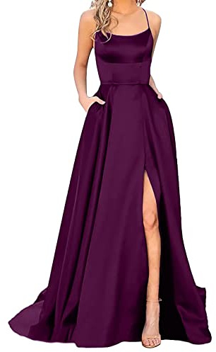 Generisch Robe de bal longue élégante pour femme - Dos nu - Robe longue en satin spaghetti - Robe de bal de fin d'année - Fente latérale - Robe de soirée de mariage avec poches, Rose, S