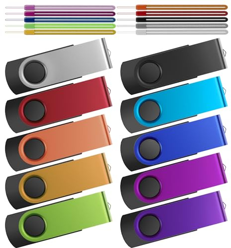 Kepmem 8GB Flash Drive 10 Pack Thumb Drives Bulk, Multipack Zip Drive 8 GB USB Memory Sticks Metal Swivel Pen Drive, Portable Jump Drive Value Multicoloured Pendrives with 10pcs Ropes