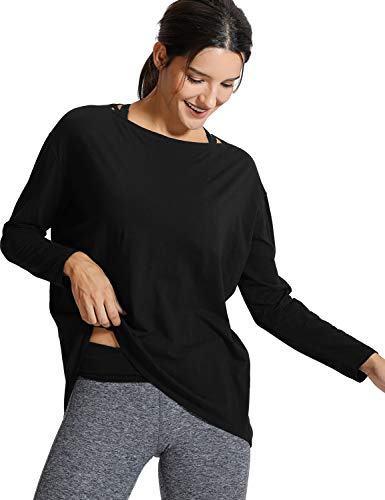 CRZ YOGA Femme Coton Pima Col Rond Confort T-Shirt de Sport Yoga Fitness Athlétique à Manches Longue Noir 40