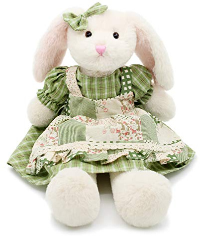 oits cute Small Soft Stuffed Animal Bunny Rabbit Plush Toy for Baby Girls 15inch (White Rabbit Wearing Green Plaid Dress)