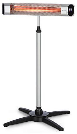 blumfeldt Dark Wave Stand - Chauffage extérieur infrarouge, Radiateur rayonnant sur pied, Chauffage terrasse, 2500W, 9 Niveaux, Tube en Carbone Infrarouge doré, Classe IP65 - Argent