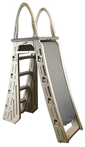 Confer Plastics 7200 Roll Guard - Escalera ajustable de 48 a 56 pulgadas, marco A de seguridad sobre el suelo, para patio al aire libre, piscina, con barrera de escalón, cubierta gris y tambour