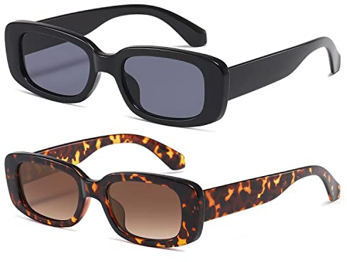 kimorn rektangelsolglasögon för kvinnor män trendiga retro modeglasögon 90-tals vintage UV 400-skydd fyrkantig ram K1200, Svart ram grå lins + leopard ram gradient brun lins