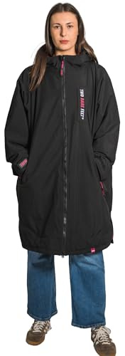 Two Bare Feet Waterproof Changing Robe with Changing Mat for Kids & Adults, Hooded Sherpa Fleece Lined, Windproof Outdoor Coat for Swimming, Surfing, Beach (Large, Black/Raspberry)
