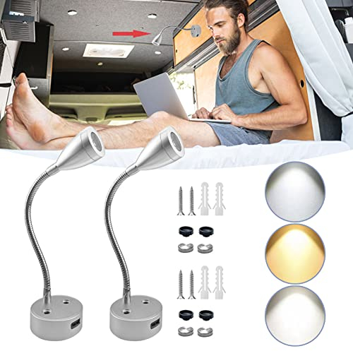 FXLTSBL 2 Pack Spot Leselampe DC 12V LED Leseleuchte Dimmbar Schwanenhals Flexible Wohnmobil Boot Wandleuchte Leselicht mit USB-Ladegerät & Touch-Dimmen für Auto Boot Wohnwagen Camper Yacht (Silber-)
