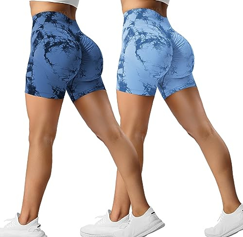 ZAAYO Confezione da 2 pantaloncini sportivi da donna Butt Scrunch, pantaloni corti sportivi da corsa a vita alta, pantaloni corti Butt Lift Booty senza cuciture per fitness Tie Dye Gym Shorts, M