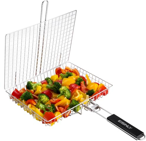 Portable Grill Basket, EISINLY BBQ Grilling Basket for Outdoor Grill with Removable Handle, Stainless Steel Camping Cooking Grill Accessories for Chicken Fish Vegetable