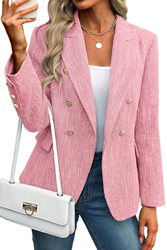 ELLEVEN Womens Tweed Blazers Business Casual Long Sleeve Double Breasted Bottons Jackets Work Suit Slim Fit Dressy Elegant Pockets Plaid Blazer Padded Shoulder Spring Fall Winter Light Pink X-Large