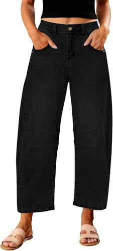 Barrel Jeans para Mujer de Moda de Cintura Alta de Pierna Ancha Holgada Recortada Relax Fit Pantalón de Mezclilla elástico Pantalones de Tobillo (Negro,S)