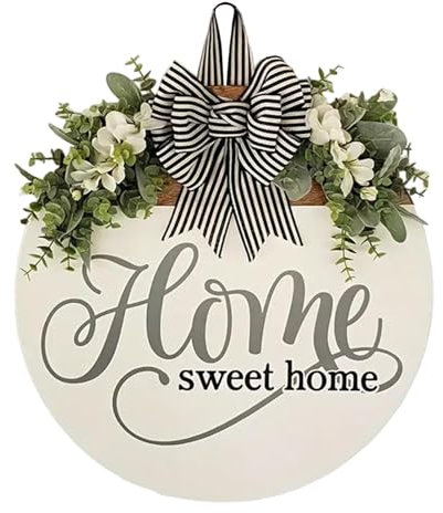 Cartel de Home Sweet Home para puerta principal | Señal de bienvenida de primavera, colgantes redondos de madera de 30cm con lazo de cinta y hojas verdes artificiales para decoración de puertas de ver