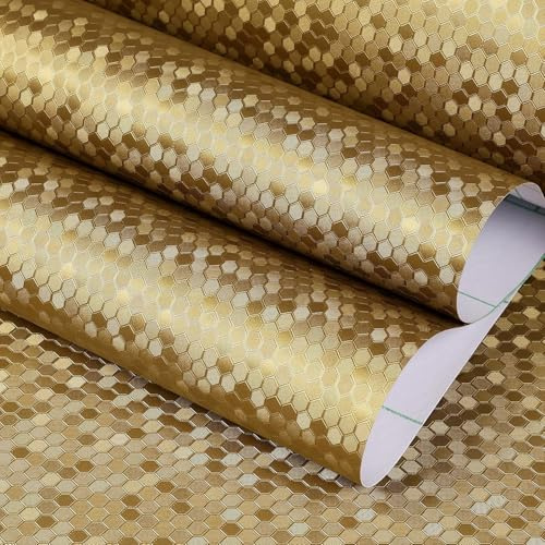 FunStick 40CM×6M Carta da Parati Metallica Oro Camera da Letto Bagno Carta da Parati Adesiva Muro Geometrica Esagonale Pellicola Adesiva per Mobili Cucina Rivestimento Tavolo Armadio Adesivo Metallico