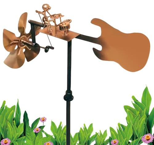 Trummis väderkvarn för trädgård, metall vindsnurrar med musik, handgjord steampunk trummis väderkvarn, slagverksmusikfigurer, rolig vinddriven skulptur gårdsdekor
