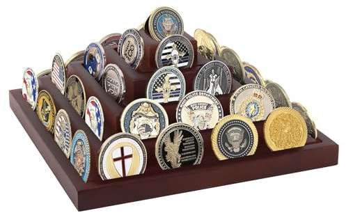 Coin Holder mynthållare av våtivträ, expositor monedas, myntstativ med 5 nivåer för 45 mynt, 25 x 25 x 10 cm utmanande mynt display vitrinmedaljer förvaring myntsamlare skrivbordsdekoration