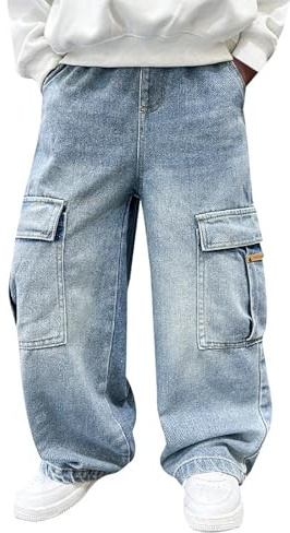Generico Jeans Baggy per Bambini Larghi Elasticizzati Vita Jeans Ragazzo Pantaloni a Gamba Dritta in Denim Y2k Regular Cargo Pantaloni da Jogging Streetwear Regalo