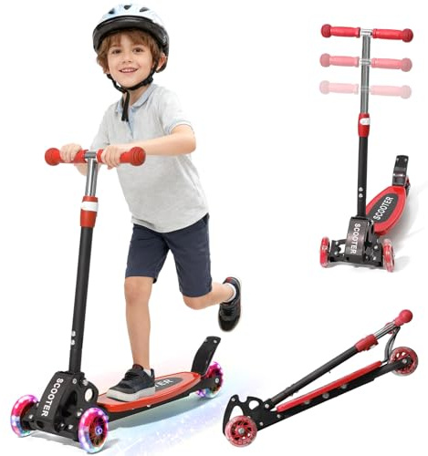 Kick Scooter for Kid 3-5 5-7,Lean to Steer,Light Up 3-Wheel Folding Scooter, Adjustable Handlebar, Anti-Slip Deck, Rear Break, Heavy Duty Toddler Scooters for Boys Girls Ages 3-8 up to 150 LBs